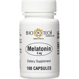 Bio-Tech Pharmacal Melatonina (5 mg), 100 cápsulas – Suplemento totalmente natural – Apoya el sueño, cardiovascular, inmune y salud ósea – Sin lácteos