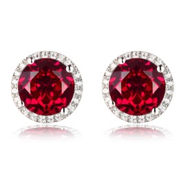 Hiqmic 925 Sterling Silver 4.5ct 8mm Round Ruby Zirconia Earrings Ear Stud Piercing White Gold Plated Fashion Jewellery Gift, WA91001 Red