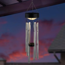 Exhart Solar Silver Wind Chime with Black Detailed Top and Round Dangling Charm, 5 x 5X 33.5 Inches