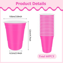 60 Pcs 16 oz Pink Plastic Cups- Reusable Plastic Party Cup Sturdy Colored for Drinking Wedding Birthday Party Christmas