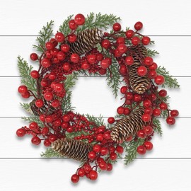 Christmas Wreath with Frosted Pinecones & Red Berries - Xmas Hanging Door Décor - Seasonal Holiday Decoration - Measures Approx. 15" D