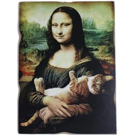 KUSTOM ART La Gioconda Mona Lisa L. Da Vinci with Cat Vintage Style Collection, Wooden Print 10 x 6 cm