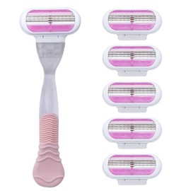 6 Ersatzklingen für Damen, mit 1 Griff, 3 Klingen aus Edelstahl, korrosionsbeständig, mit Schutzstreifen, ergonomischer Griff, sanfte Rasur für Körper und empfindliche Bereiche (Rosa)