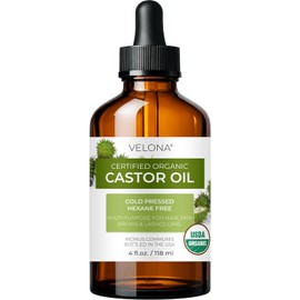 Velona USDA Certified Organic Castor Oil - 4 oz (With Dropper) | For Hair Growth, Boost Eyelashes, Eyebrows | Cold pressed, Natural Oil USP Grade | Hexane Free, Lash Growth Serum, Caster Oil, Cap Kit