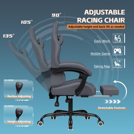 Homall Gaming Chair Fabric with Massage Lumbar Support, Ergonomic Racing Video Game Chair with Adjustable Footrest and Headrest (Grey)