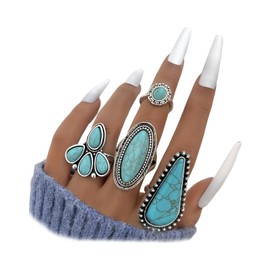 Navirix Vintage Turquoise Western Rings for Women,Exaggerated Chunky Oval Floral Snake Knuckle Rings Set,Boho Stack Layered Aesthetic Country Jewelry (4Pcs)