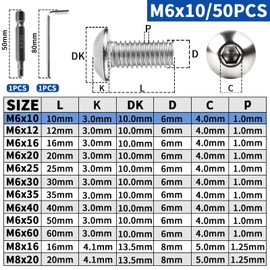 XRXYMQ Pack of 50 Rounded Head Screws M6 x 10 mm Flat Head Screws Hexagon Socket 304 Stainless Steel Screws Round Head Screws Full Thread Machine Screws for Furniture Installation Wood Mounting
