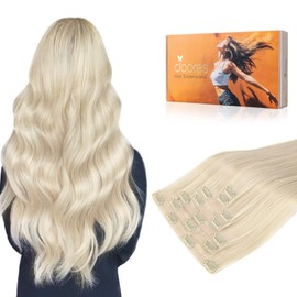 DOORES Real Hair Clip in Hair Extensions, Platinum Blonde, 35 cm, 9 Pieces, 130 g, Remy Clip-In Hair Extensions, Straight, Thick Hair