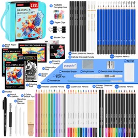 133 Pack Drawing Set Sketching Kit, Pro Art Supplies with Sketch Book, Coloring Book, Watercolor Pad, Black Paper Pad, Graphite Colored Charcoal Watercolor & Metallic Pencils, for Artists Adults Kids