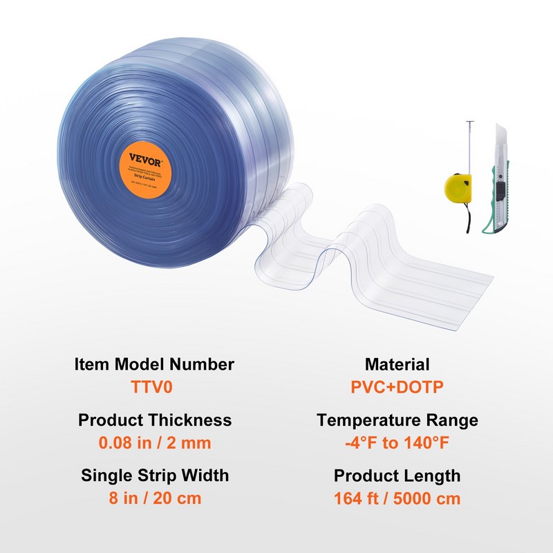 Strip Curtain, 164' Length, 8" Width, 0.08" Thickness, Garages -