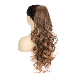 PORSMEER Ponytail with Clip, Claw Clip in Hair Extensions, Claw Long Curly Wavy Ponytail, Pine Clip on Hairpiece for Women, 26 Inches (Ash Blonde with Highlights)