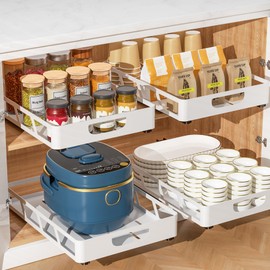 Pull Out Cabinet Organizer 16" Deep, Heavy Duty Slide Out Drawers, Adhesive or Drill Roll Out Shelf with Handle, Damping Rail for Kitchen, Bathroom, Pantry, Cupboard(11.73"W X 16.46"D X 3.15"H, White)