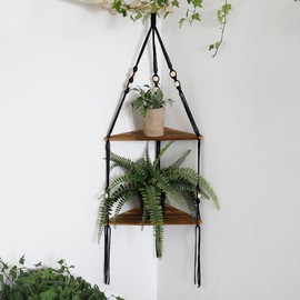 Artilady Black Corner Shelf Wall Hanging - 2 Tier Wood Floating Shelves, Rustic Boho Wall Shelf Decor Hand Woven Cotton Rope Storage Rack for Plants Pots Photo Frames (Black)