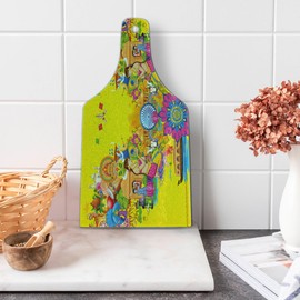 Ambesonne Modern Cutting Board, Fan Cooler Logo Fresh Air Propeller Summer Warm Illustration Print, Decorative Tempered Glass Cutting and Serving Board, Wine Bottle Shape, Pale Blue Violet