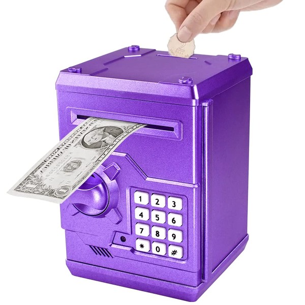 Totola Piggy Bank Electronic Mini ATM for Kids Baby Toy, Auto Scroll Paper Money Safe Coin Banks Saving Box Password Code Lock for Children,Boys Girls Best Birthday Gift (Purple)