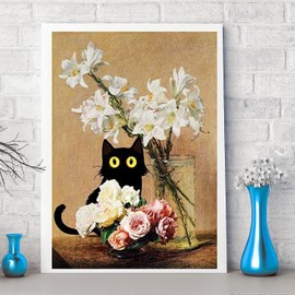 Diamond Painting for Adults and Beginners - 6pcs, 5D Round Diamond Digital Painting Kit, DIY Black Cat Diamond Art Painting, Matisse Van Gogh Living Room Bedroom Decoration (11.8x15.7 inches)