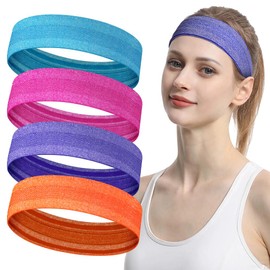 LOPHE Sports Headband, Pack of 4 Headband Women and Men, Sweatband Forehead Summer, Double Sided Moisture Wicking Non-Slip Headband, Hair Bands for Yoga, Running, Cycling (4 Pieces - Colour)