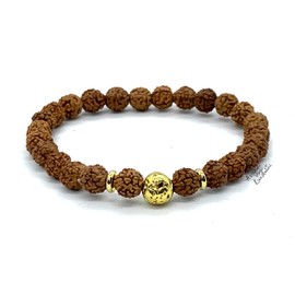 5 Mukhi (five faces) Rudraksha & Lava Rock Stretch Bracelet | Throat Root Chakra | - Taurus Libra Birthstone for April May September October (Wrist Size 6 Inches, w/Golden Tone Finish)