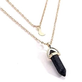 Textiles 4 Home Woman’s Natural Hexagon Quartz Chakra Crystal Pendant Double Layer Moon Necklace Gold (Black Glitter)