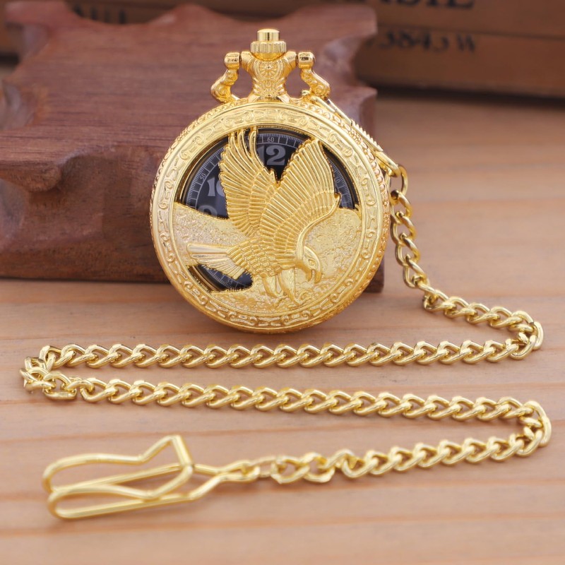 Realpoo Gold Hollowed Out Eagle Quartz Men's Pocket Watch, Arabic