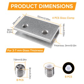 Lyeteung 4 pieces 8 mm glass clamp, aluminium alloy glass holder, adjustable glass clamp, glass connector, glass mounting clip, glass support brackets, for 3-7 mm thick glass, straight shape