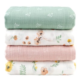 Viviland Muslin Baby Swaddle Blankets, Cotton Soft Baby Swaddles for Newborn, Receiving Blankets for Baby Girls and Boys, Floral Pattern, 47x47 inches 4 Pack