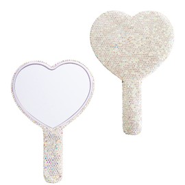 Wowagoga Wowagoga Sparkling Rhinestone Heart Shaped Handheld Mirror Heart Mirror Cosmetic Hand Mirror with Handle Cute Hand Mirror for Women Girls(White)