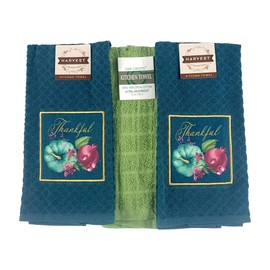 Serafina Home Fall Thanksgiving Kitchen Dish Towels Set: Two (2) Teal Blue with Thankful Colorful Pumpkin Patch Design (Floral Pumpkin)