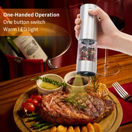 Stainless steel Electric Salt and Pepper Grinder Set,Large Capacity Automatic Pepper Mill Grinder with Upgraded Rechargeable Charge Base and LED Light,Adjustable Coarseness, Easy to clean