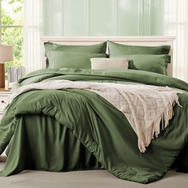 Anluoer King Size Comforter Set 7 Pieces, Olive Green Bed in a Bag Bedding Set with 1 Comforter, 2 Pillow Shams, 2 Pillowcases, 1 Flat Sheet, 1 Fitted Sheet
