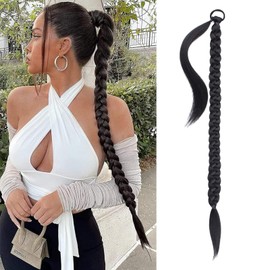 Wekuw Ponytail Extension (Black) Hairpiece Hair Extension Braid Extension Hair Extensions Hair Extensions with Elastic Band Braids Hair Fake Braid Hair Extensions Braid Hair Pieces