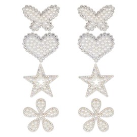 GOMAKERER 8 Pcs 4 Styles Pearl Initial Patches, Iron on Beading Patches Felt Appliques Patch Decorative Clothes Patches for Clothing Decoration Star Flower Heart Butterfly Shape