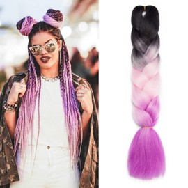 Benehair Ombre Braiding Hair 1 Bundle 24inch Jumbo Braiding Hair Extensions High Temperature Synthetic Braid Hair Braiding Hair Pre Stretched Braid Extensions (Black+Pink+Purple)