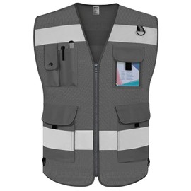 TCCFCCT Mesh Grey Safety Vest for Men Women 9 Pockets High Visibility Vest for Safety, Reflective Vest for Construction Work, Hi Vis Vest with Reflective Strips, Meet ANSI/ISEA Standards, Large