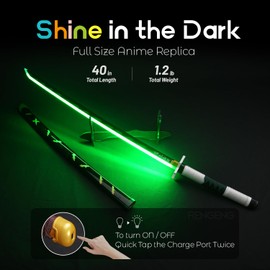 RENGENG Light Up Sanemi Sword, 40 Inches Rechargeable Plastic Anime Replica with Belt & Stand, Original Texture Anime Sword