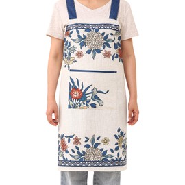patdrea Blue Floral Linen Apron with Pocket,Stylish Kitchen and Garden Aprons for Women and Men, Crisscross Back Straps, Unisex Aprons for Chef,BBQ,Drawing L: 29.5" W: 29.5"