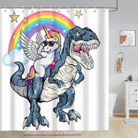 Funny Unicorn Riding Dinosaur Shower Curtain, Cool Cute Cartoon Colorful Rainbow Fantasy Galaxy Space Shower Curtains for Kids Boys Girls Bathroom Decor, Waterproof Durable with 12 Hooks, 72x72