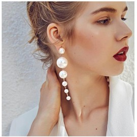 Aneneiceera Boho Large Pearl Drop Dangle Earring Fashion Gold Earrings Long Tassel Pearl Earrings Pearl Chain Earrings Daily Party Vintage Earrings Wedding Jewellery for Women and Girls, Pearl