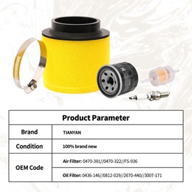 TIANYAN Air Filter & Oil Filter & Spark Plug & Fuel Filter Compatible with Arctic Cat 375 400 500 Auto FIS ACT Man VP MRP TBX TRV 400 DVX 454 Bearcat 2x4 4X4 ATV 0470-391 0470-322 FS-936 0436-146