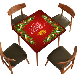 Xmas Square Fitted Polyester Tablecloth, Christmas Bell Elastic Edge Home Decor Tablecloths, Waterproof Stain Resistant Table Cover for Family Festival Party Use, Fit for 36" x 36" Square Table