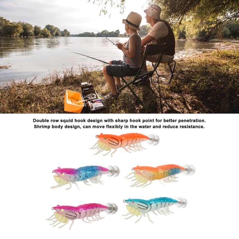 5pcs Wood Shrimp Bait Artificial with Counterweights Double Pileate Hooks