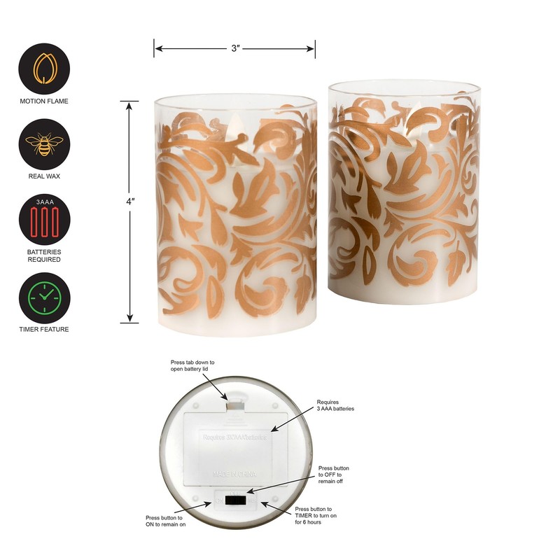 LumaBase Battery Operated LED Glass Candles with Flickering Flame, Gold