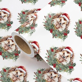 WRAPAHOLIC Hedgehog Christmas Wrapping Paper - Mini Roll - 17 Inch x 16.5 Feet - Chrismas Wreath Adorned Hedgehog Wrapping Paper for Xmas Holiday, Party Celebration