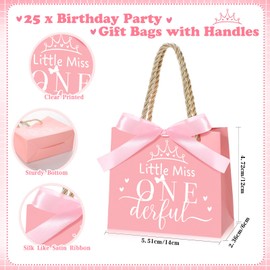 Saypacck 25 Pcs Miss Onederful Gift Bags 1st Birthday Party Favors Wonderful 1st Birthday Girl Gift Bags with Handles Baby 1st Birthday Decorations Treat Bag, 5.51 x 2.36 x 4.72 Inches, Pink