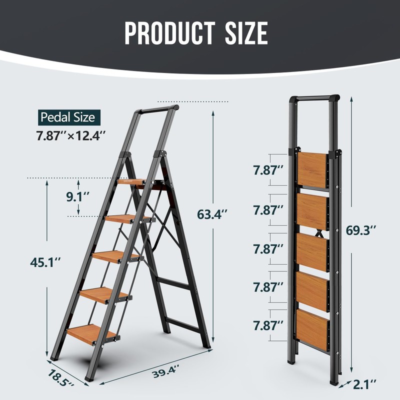 WOA WOA 5 Step Ladder, Ladders for Home, Anti-Slip Pedals,
