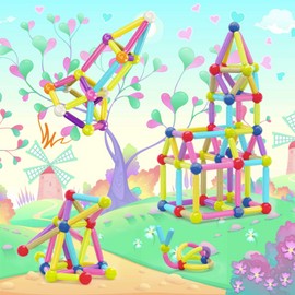 PicassoTiles 100 PCs Magnetic Building Stick Block Construction Set with Storage Bin Colorful STEM Toy Blocks Bar Balls & Rods Montessori Educational for All Ages Puzzle Toy for Boys & Girls PTX100