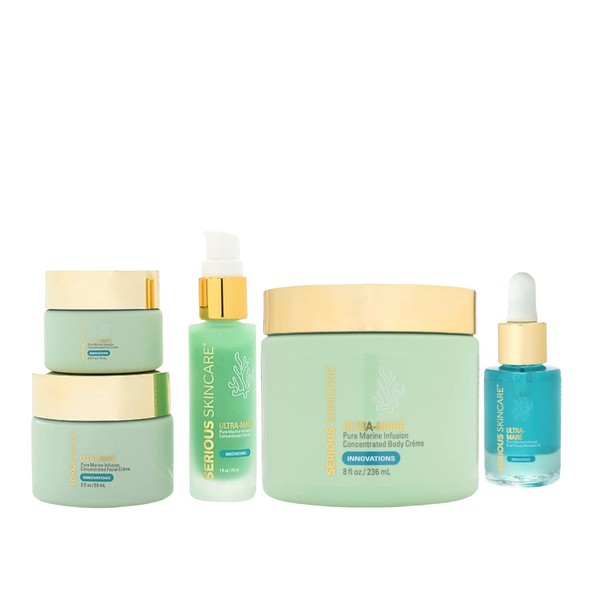 Serious Skincare Ultra-Mare Pure Marine Infusion 5 Piece Skin Care Set - Serum, Facial Moisture Crème, Eye Cream, Dual Renewal Oil & Body Crème - Anti-Aging - Firmer Skin - Algae and Plankton extracts