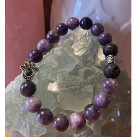 Lepidolite Natural Hamsa Hand Aromatherapy Lepidolite Beads Bracelet 8mm Handmade In USA