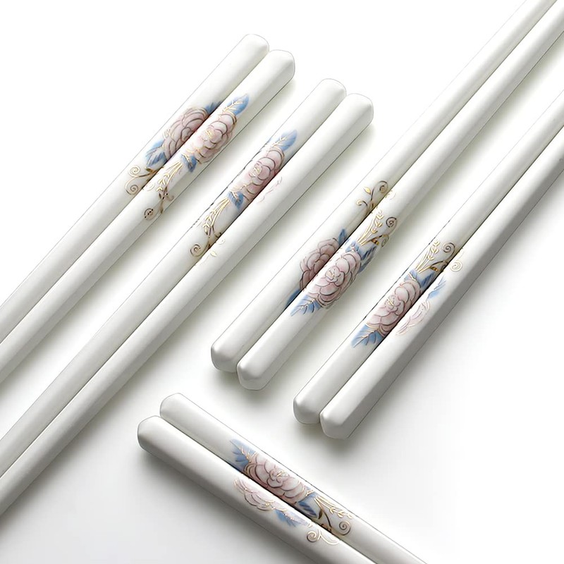 IQCWOOD 5 Pairs Ceramic Chopsticks, Bone China Chinese Reusable Chopsticks