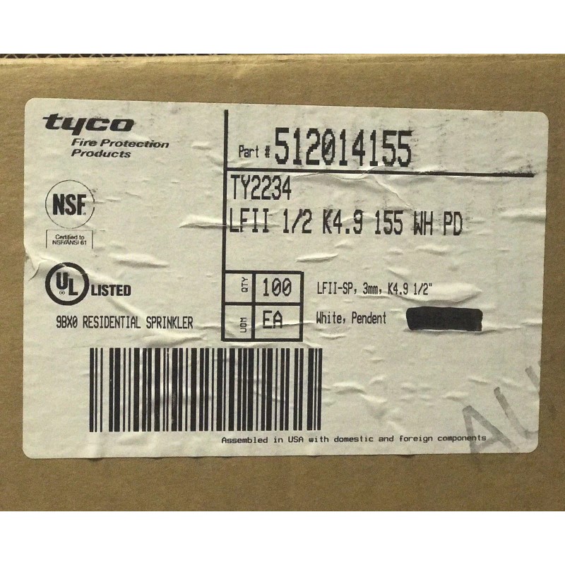 TYCO TY2234 155°FQUICK RESPONSE WHITE POLYESTER RESIDENTIAL SPRINKLER HEAD K4.9